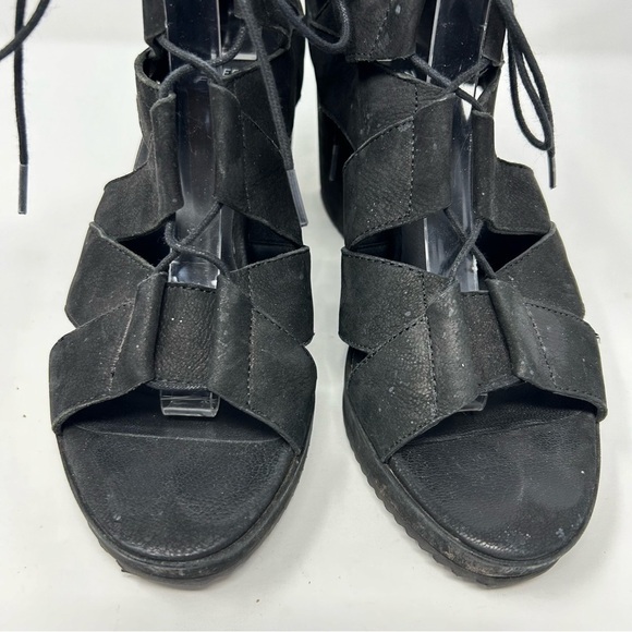 Eileen Fisher Black Lace Up Strappy Wedge Sandals Open Toe Size 9 Back Zipper - Picture 5 of 12